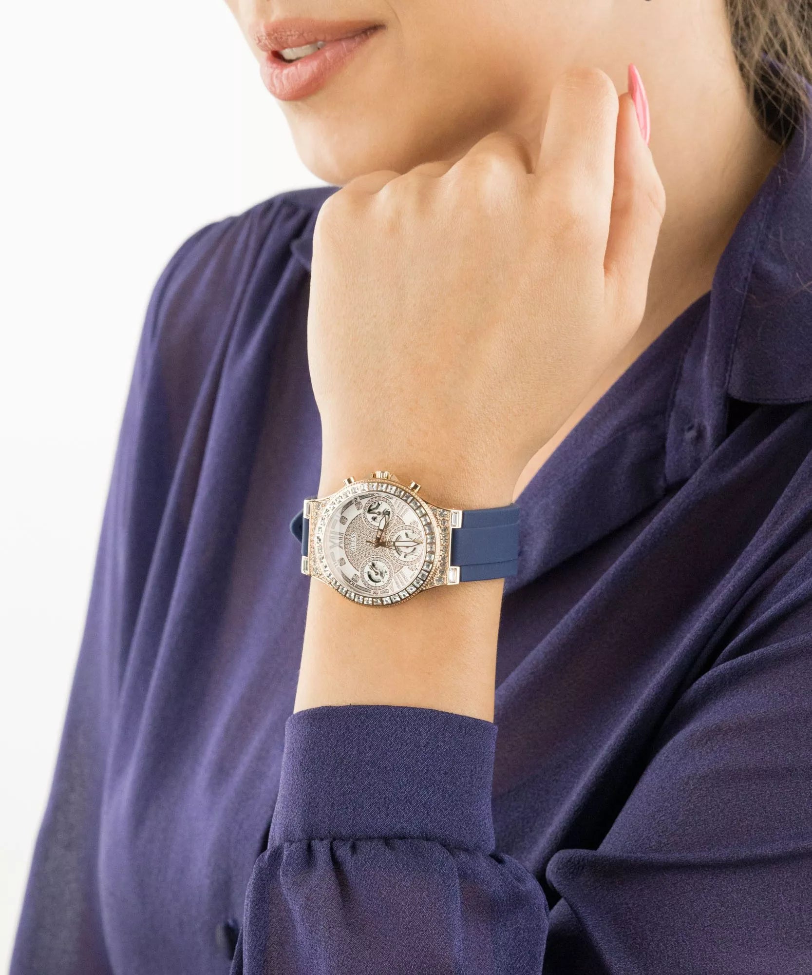 Montre Femme Guess Moonlight Diamonds White Dial Blue Rubber Strap