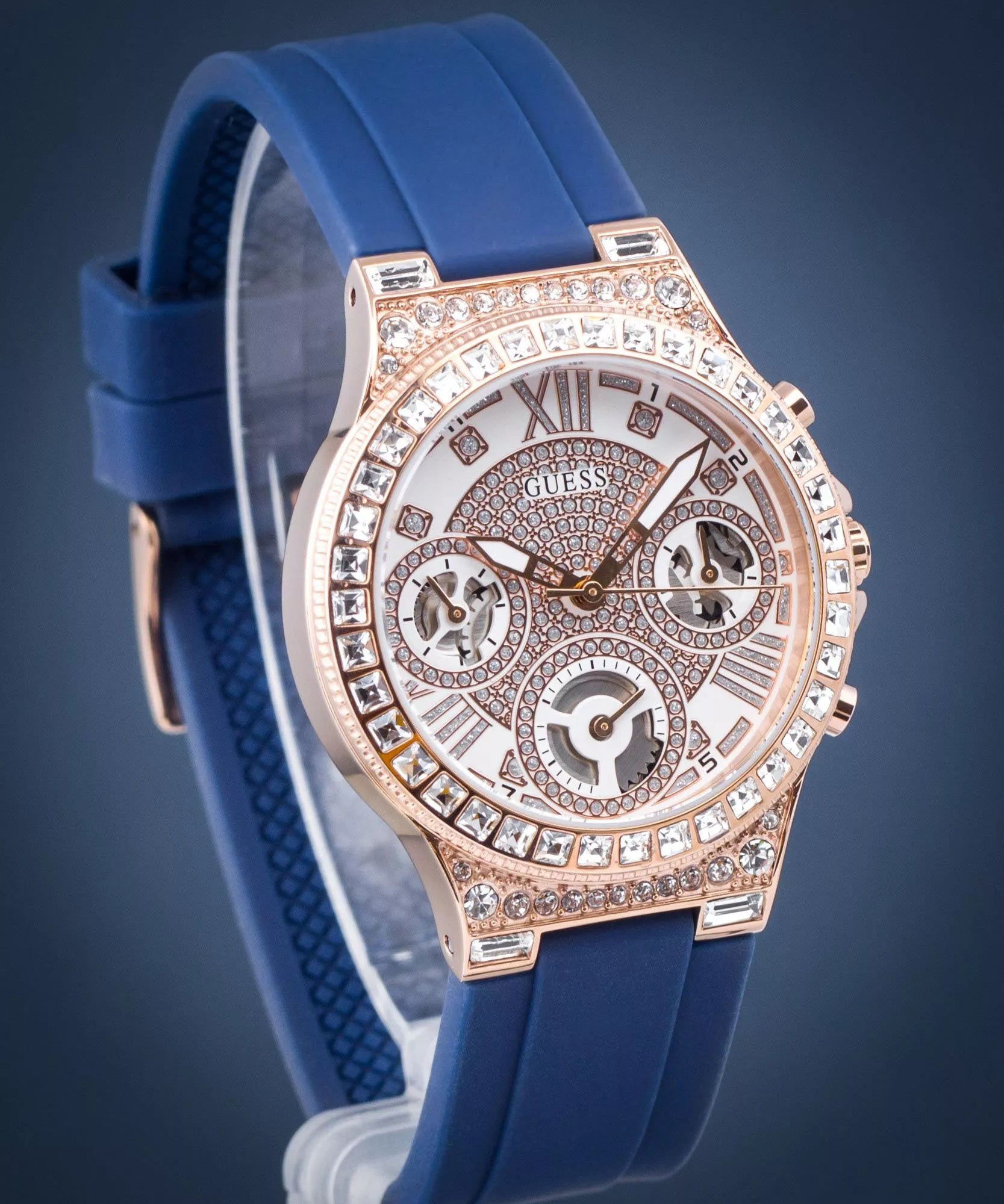 Montre Femme Guess Moonlight Diamonds White Dial Blue Rubber Strap